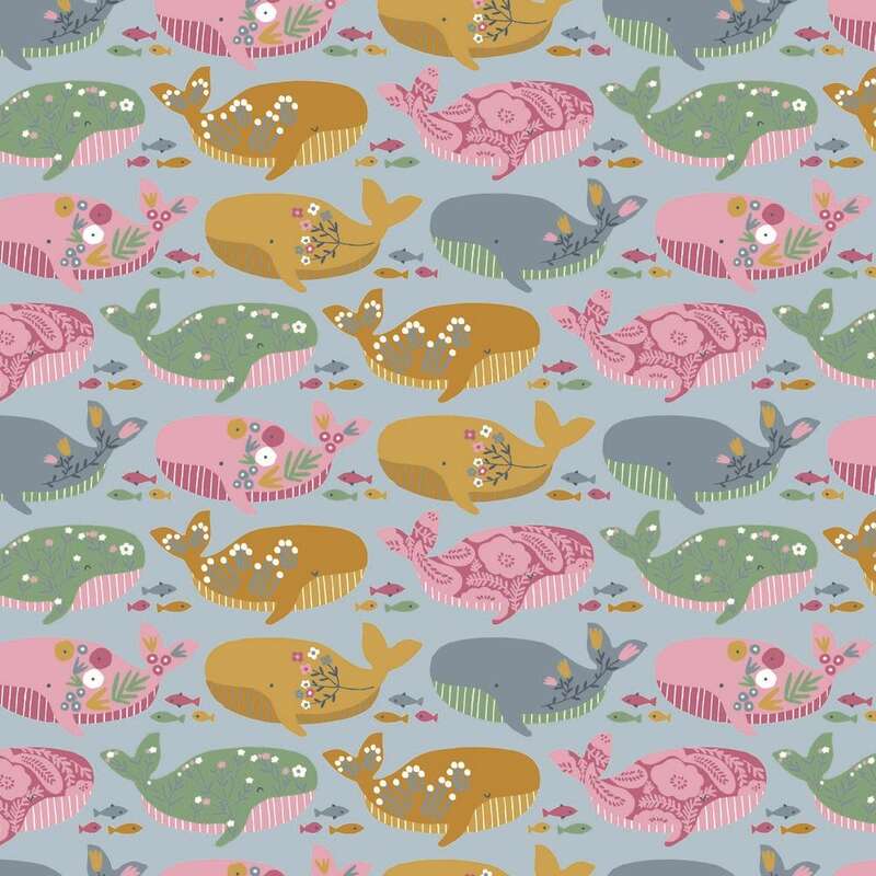 Vente de tissu Patchwork  Jolies baleines multicolores fond gris à prix Discount